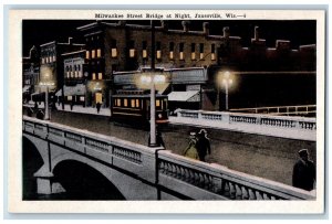 c1910 Milwaukee Street Bridge Night Streetcar Road Janesville Wisconsin Postcard 