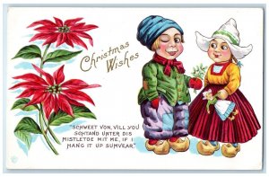 c1910's Christmas Wishes Dutch Kids Poinsettia Flowers Embossed Antique Postcard