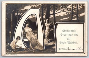 Christmas~Large Letter Aphabet A~Lovely Ladies~Girl w/Ball~AL Series~RPPC~1099/1