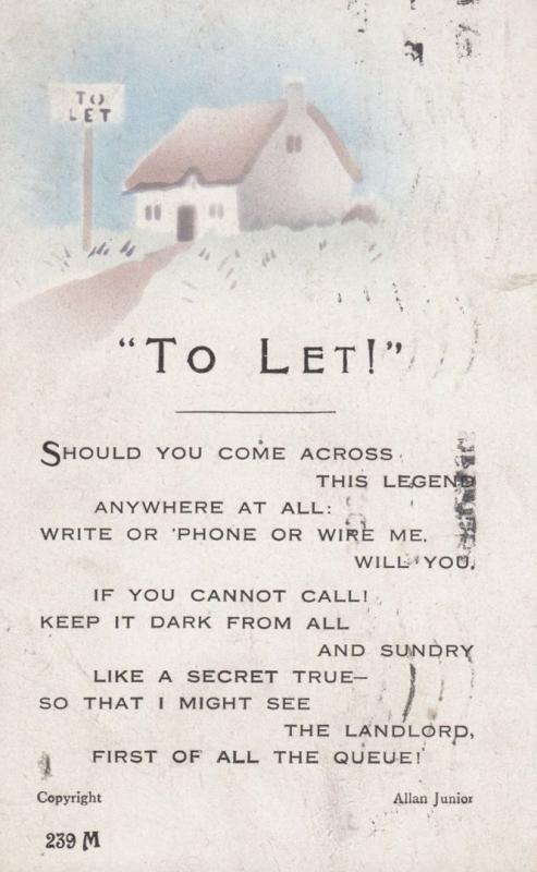 Hosue To Let Landlord Tenant Antique Songcard Poetry Postcard