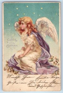 c1905 Easter Angel With Horn And Lilies Flowers Stars Posted Antique Postcard