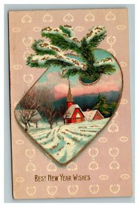 Vintage 1910's Winsch New Year Postcard Snowy Countryside Church Snowy Scene