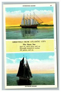 Vintage 1920's Postcard Greetings From Atlantic City NJ -Tall Sail Ships at Sail