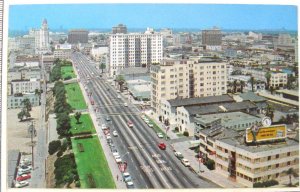 1957 Long Beach CA Ocean Ave Postcard Classic Cars Pacific Coast Street Aerial 