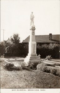 War Memorial Broadview SK Saskatchewan Statue c1914 Real Photo Postcard G65