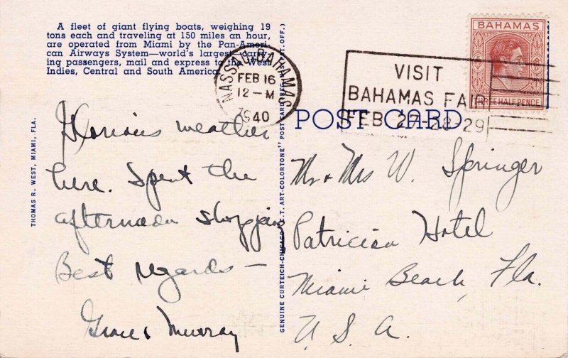 USA 1940 Pan Am Flying Clipper Ship Linen Airplane Curteich Bahamas Postage