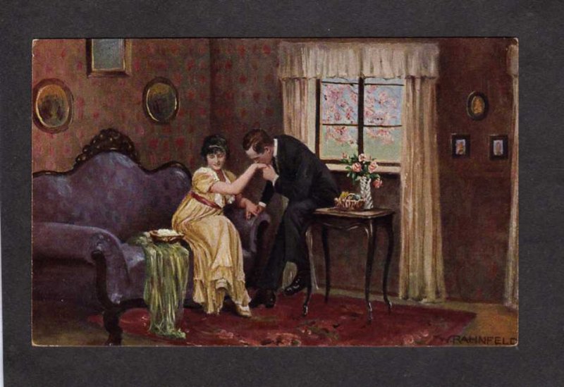 Romantic Lovers Kissing Hand Couple Artist Signed W Rahnfeld Vintage Postcard