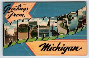 Greetings From Muskegon Michigan Large Big Letter Postcard Linen Unused Tichnor