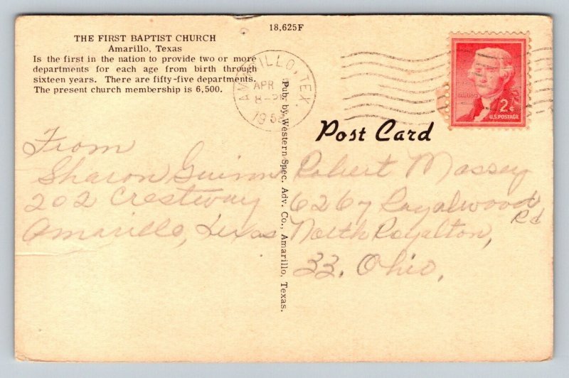 1958  Amarillo  Texas  First Baptist Church  Postcard