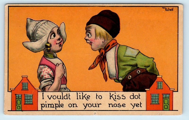 Signed Artist WALL ~ DUTCH KIDS Comic 1912 Postcard I Would Like to KISS