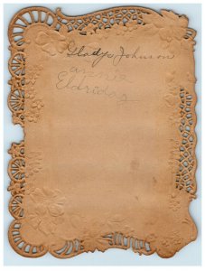 1880's Embossed Victorian Card Paper Lacework Trim Winter People Castle 7B