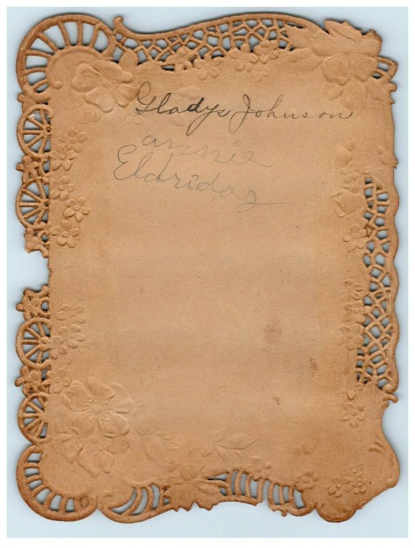 1880's Embossed Victorian Card Paper Lacework Trim Winter People Castle 7B