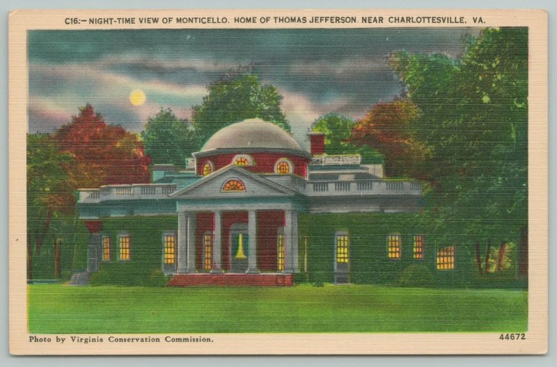 Charlottesville Virginia~Night Monticello~Thomas Jefferson Home~1940s Linen Post