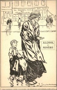 Anti Alcoholism Alcohol Social History Poor Mother & Children French Postcard