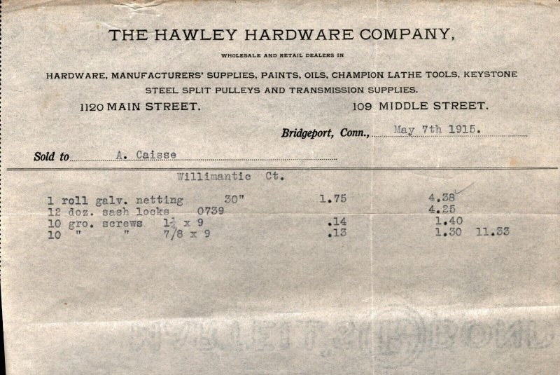 1915  Bridgeport  Connecticut  The Hawley Hardware Co.  Receipt  8 x 5