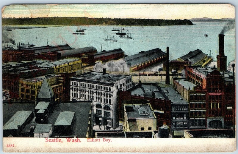 c1900s Seattle, WA Elliott Bay Downtown Birds Eye Business Sign Bekin Cigar A198