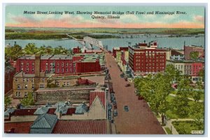 c1940 Maine Street Memorial Bridge Mississippi River Quincy Illinois IL Postcard