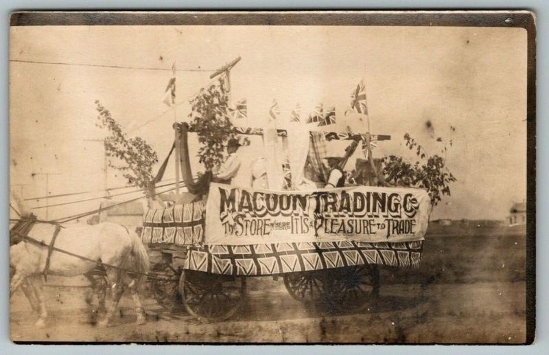 Real Photo Postcard~MaCoon Trading Co Store Parade Wagon~British Flags~c1908 