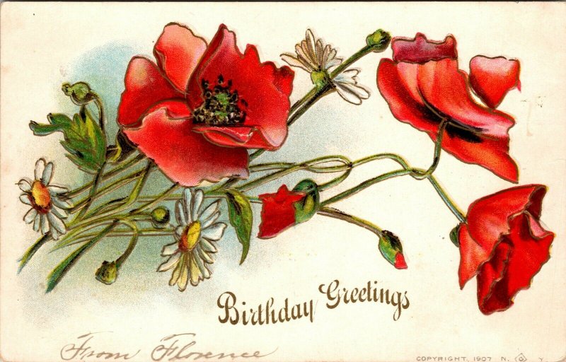 BIRTHDAY GREETINGS - ROSES WHITE RED FLOWERS - VINTAGE - PC POSTCARD