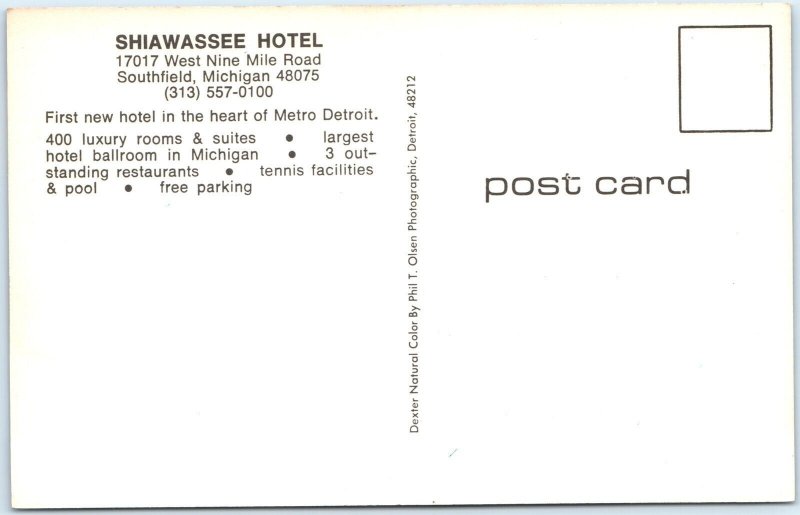 c1960s Southfield, MI Shiawassee Hotel Detroit Art Illustration Chrome PC A307