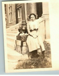 Vintage 1910's RPPC Postcard - Portrait Woman at a Lamp Post Large Bow in Hair