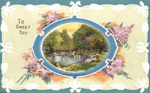 Vintage Postcard To Greet You Greetings Card Children Playing on the Lake Side