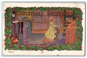 c1910's Christmas Greetings Little Girl Telephone Holly Berries Posted Postcard