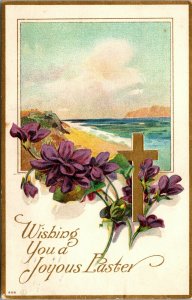 Vtg 1909 Wishing You Joyous Easter Ocean Scene Gold Gilt Cross Embossed Postcard