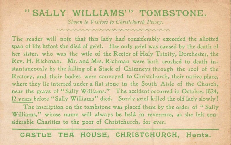 CHRISTCHURCH PRIORY DORSET ENGLAND~SALLY WILLIAMS TOMBSTONE~POSTCARD