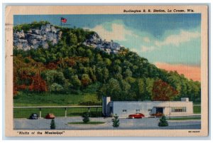 1952 Burlington Railroad Station Classic Cars Grove La Crosse Wisconsin Postcard
