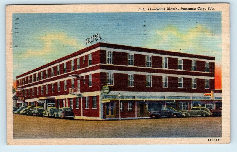 PANAMA CITY, FL Florida ~ HOTEL MARIE Street Scene c1940s Cars Roadside Postcard