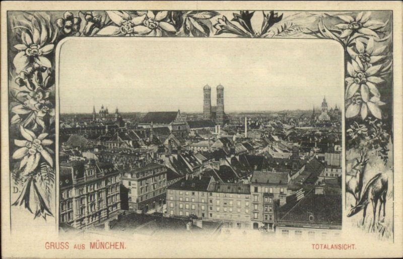 Gruss Aus Munchen Germany c1900 Floral Border Postcard TOTALANSICHT