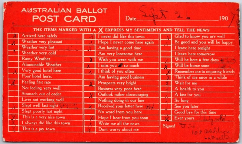 1907 Australian Ballot, Post Card, Red Checklist, Express Sentiments, Postcard