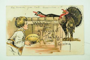 C.1910 German Embossed Thanksgiving Postcard Boy Football Turkeys F31 