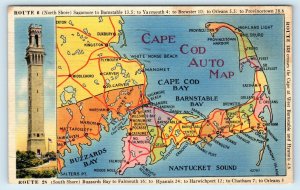 CAPE COD AUTO MAP, Massachusetts MA ~ PILGRIM MONUMENT 1941 Linen  Postcard