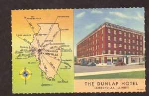 JACKSONVILLE ILLINOIS THE DUNLAP HOTEL LINEN VINTAGE ADVERTISING POSTCARD MAP