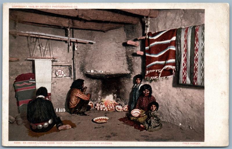 GRAND CANYON ARIZONA INDIAN LIVING ROOM HOPI HOUSE ANTIQUE UNDIVIDED POSTCARD