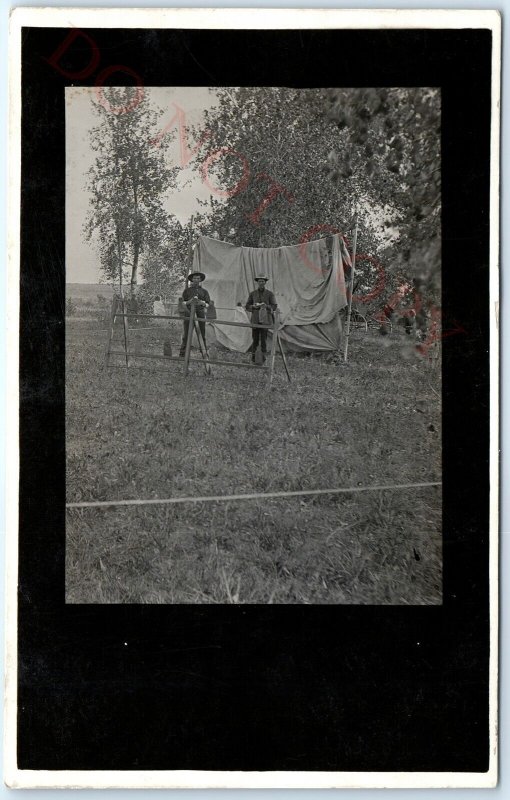 c1910s Men on Farm RPPC Doing Something ? Real Photo Tent? Postcard Odd A124