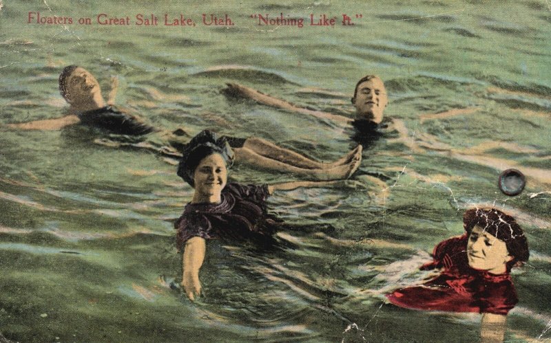 Vintage Postcard Floaters On Great Salt Lake Dead Sea Fed By Jordan River Utah