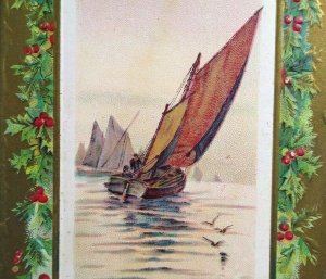 Christmas Postcard Sailing Ships Boats Harbor Embossed Unused Gold Standard