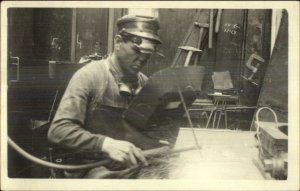 Work Labor Occupation Man Welding Welder Torch Mask Real Photo Postcard