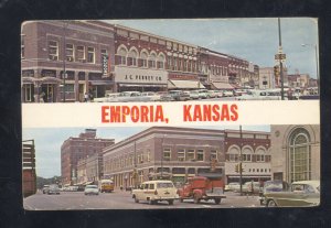 GREETINGS FROM EMPORIA KANSAS DOWNTOWN STREET SCENE OLD CARS VINTAGE POSTCARD