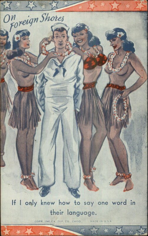 Sexy Topless Hula Girls Grass Skirts WWI Navy Sailor Leis Exhibit Postcard