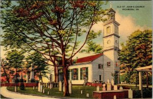 Vintage 1930's Old St Johns Church Richmond Virginia VA Cemetery Linen Postcard