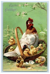 c1910's Easter Greetings Basket Nest Chick Chicken Hatched Egg Tuck's Postcard