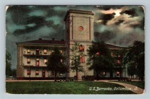 Columbus OH, US Barracks At Night, Moonlight, Vintage Ohio c1909 Postcard