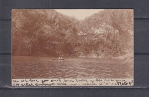 NATAL, RIVER SCENE, CANOE, HONEYMOON ROCK, 1905 ppc. DURBAN to Scotland.