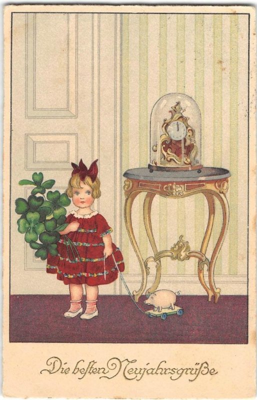 New Year Greetings Girl Clover Pig 1926 German Meissner & Buch Vintage Postcard