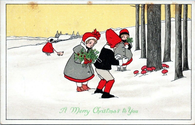 Gold Medal Art Vintage Christmas Postcard 1912 Children Mushrooms Pig 641 OS