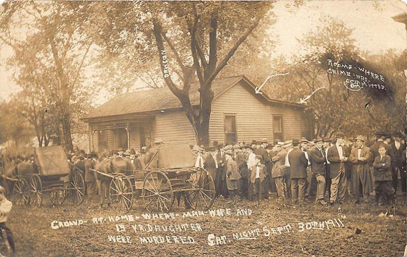 Monmouth IL Crowd at Home of Murdered Family Wagons Real Photo RPPC Postcard